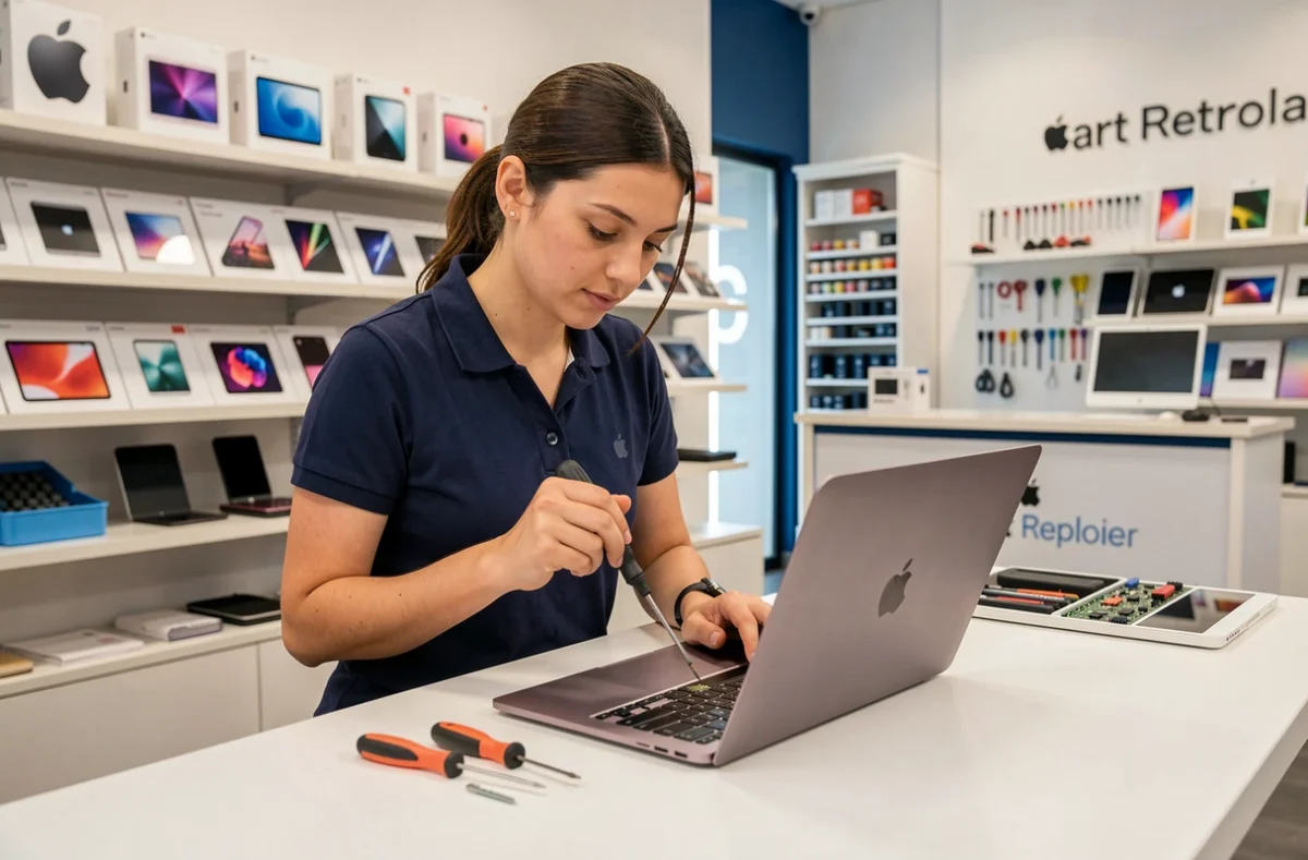 Technicienne spécialisée Apple réparant un MacBook Pro au comptoir de MacPlace Lille