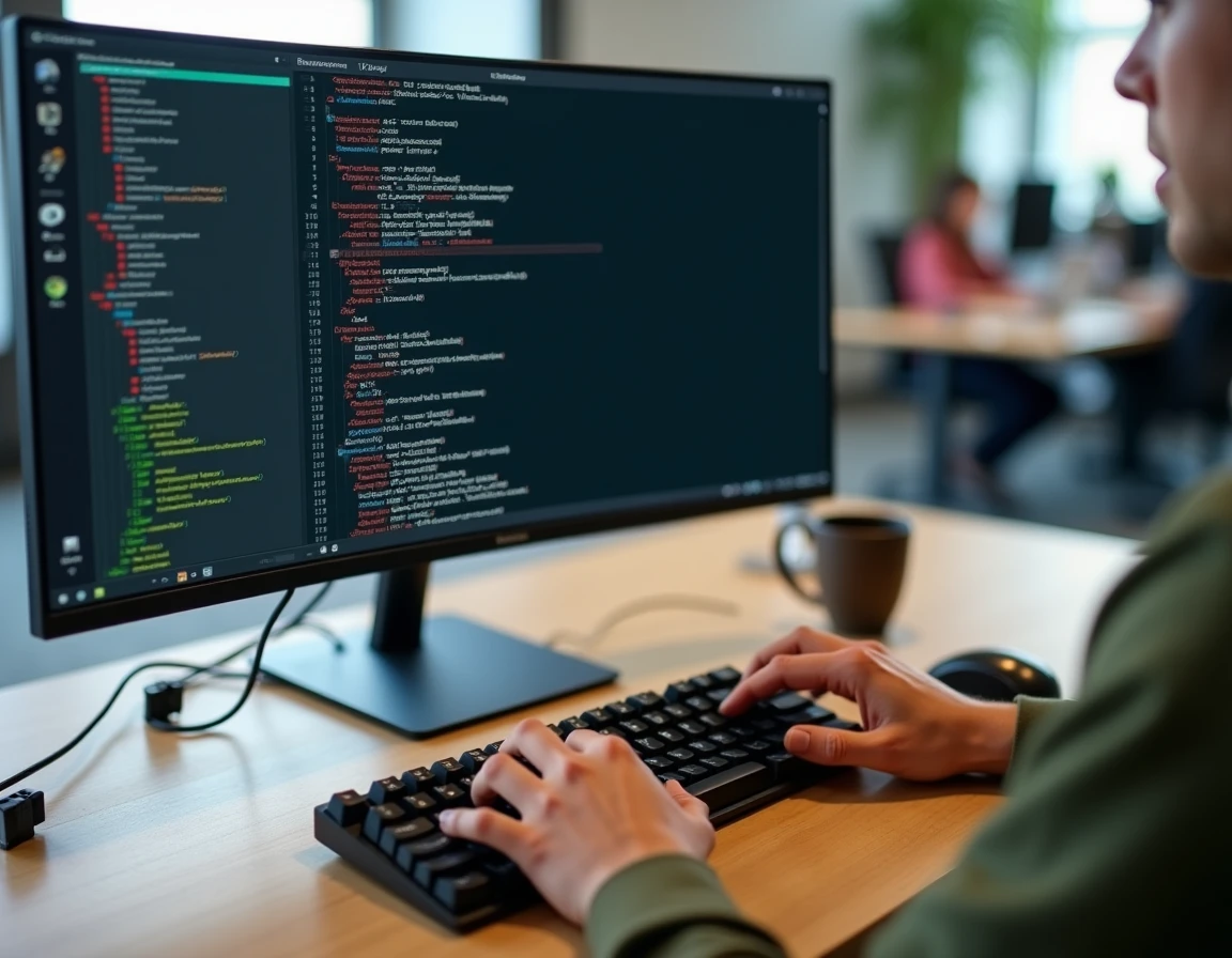 Mains tapant la commande popd sur un clavier dans un espace de coworking avec terminal Linux visible
