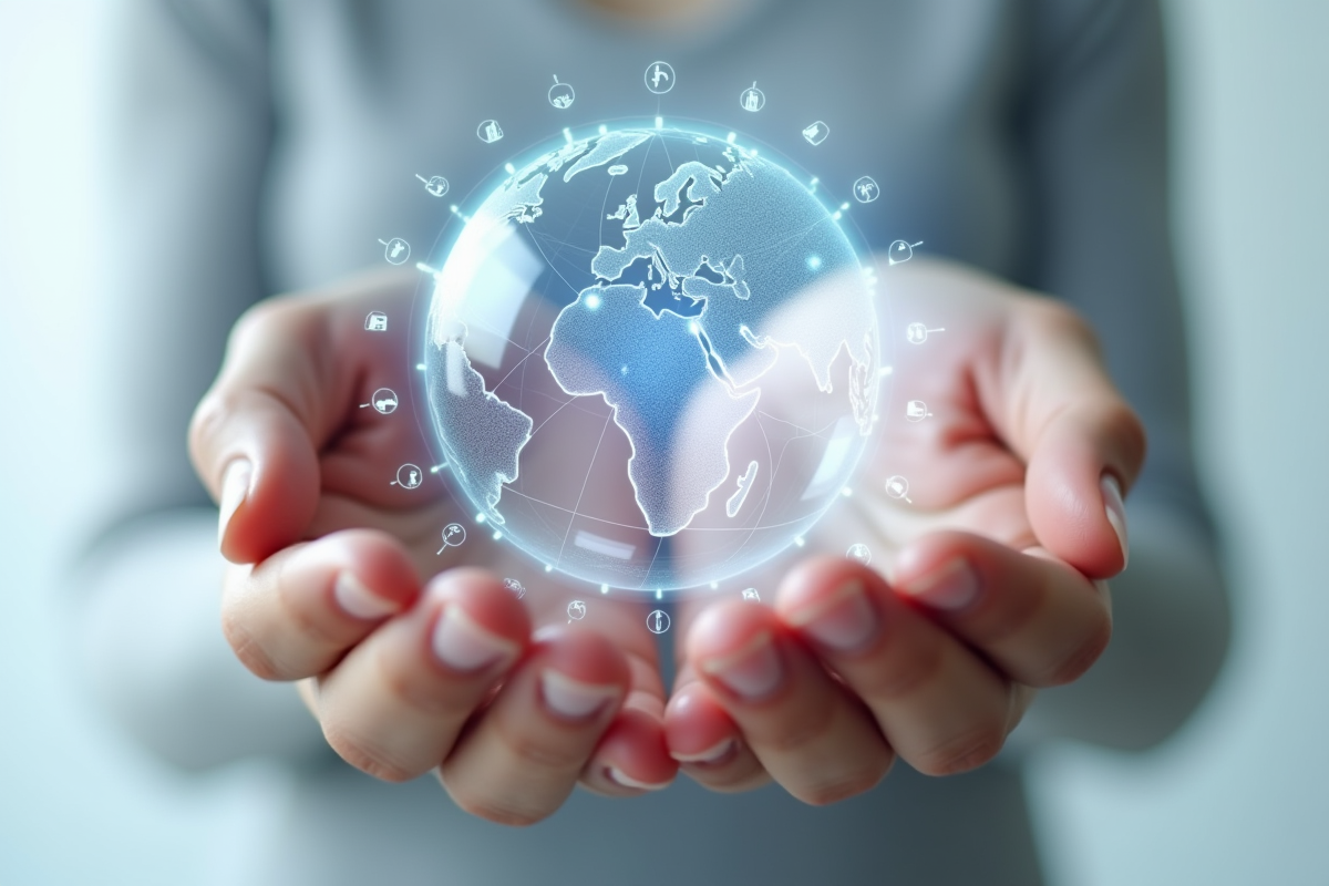 Mains tenant un globe numérique connecté symbolisant risques et connectivite