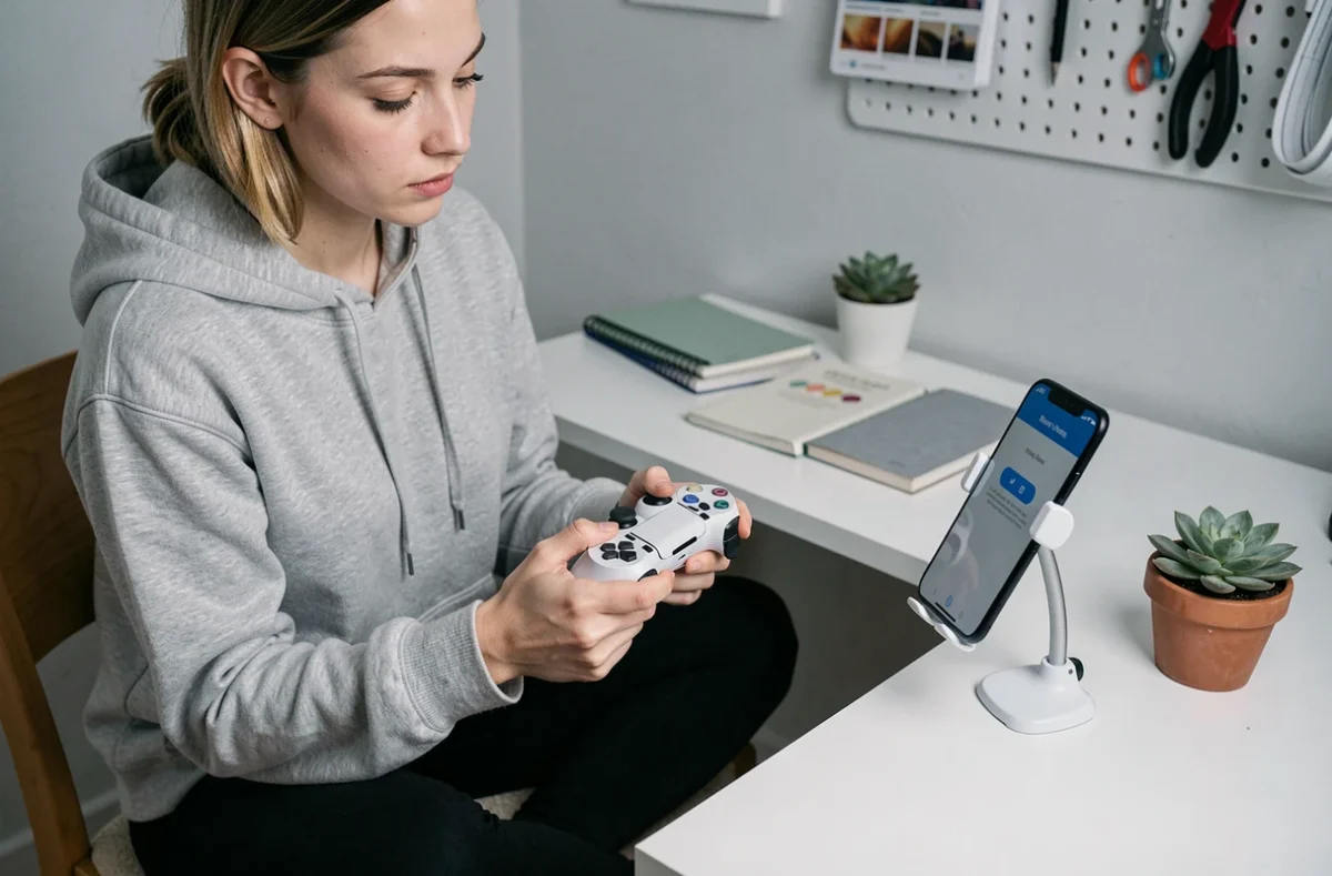 Femme associant une manette PS4 à un smartphone Android via Bluetooth dans un bureau à domicile