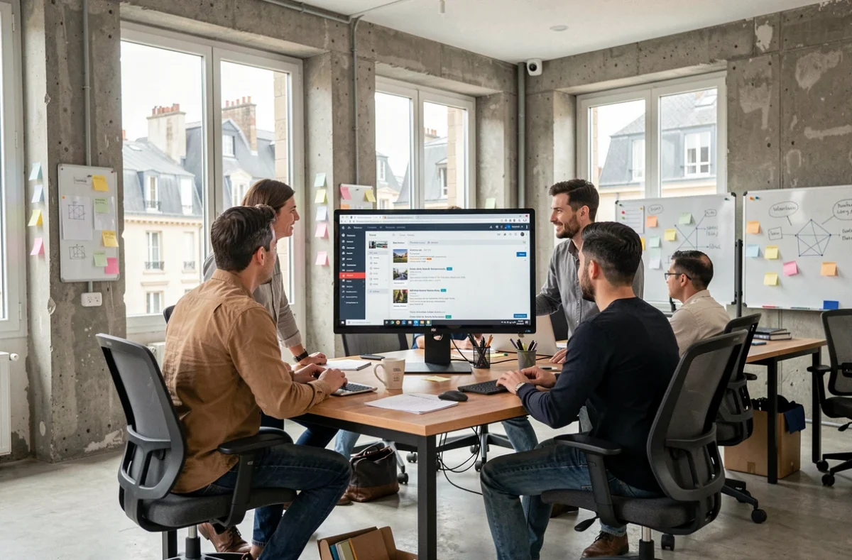 Équipe d'une agence WordPress dans la Vienne travaillant sur des projets digitaux dans un bureau moderne