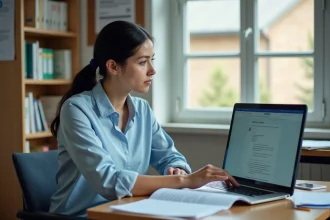 Enseignante consultant sa messagerie académique Amiens sur un ordinateur portable dans un bureau scolaire
