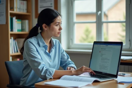 Enseignante consultant sa messagerie académique Amiens sur un ordinateur portable dans un bureau scolaire