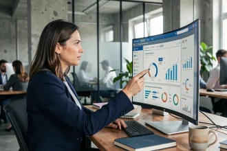 Professionnelle analysant les indicateurs de succès d'une solution SaaS sur un écran de bureau dans un open space moderne à Bucarest