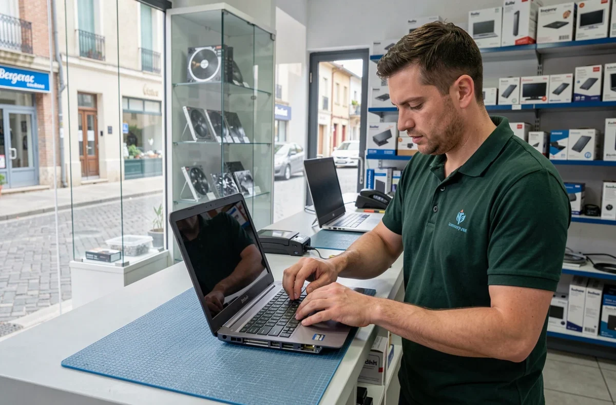 Technicien Micro Expert Bergerac remplaçant l'écran d'un ordinateur portable dans un atelier de réparation