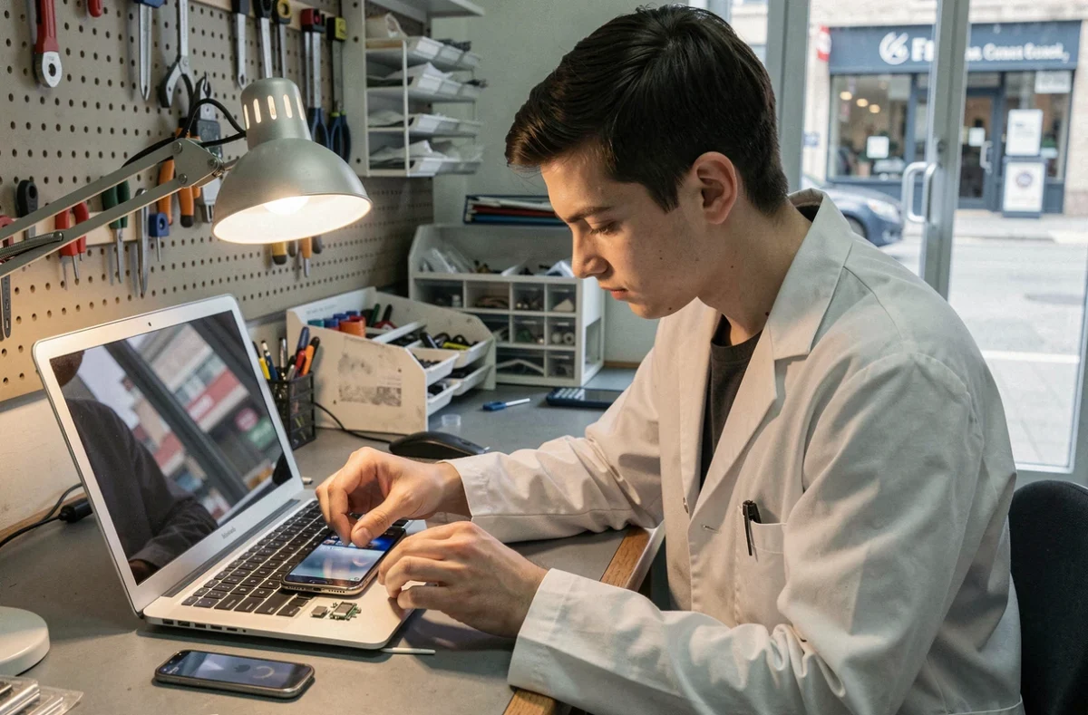 Technicien de l'atelier Microsix Plus à Lille remplaçant l'écran d'un iPhone avec un MacBook Air en attente de réparation