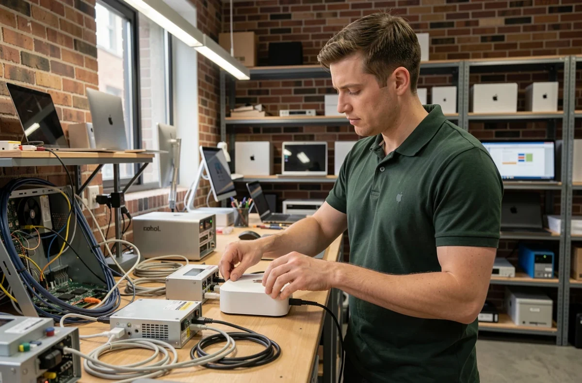 Technicien réparant un Mac mini dans l'atelier multimarque Mobile House Lille avec équipement de diagnostic