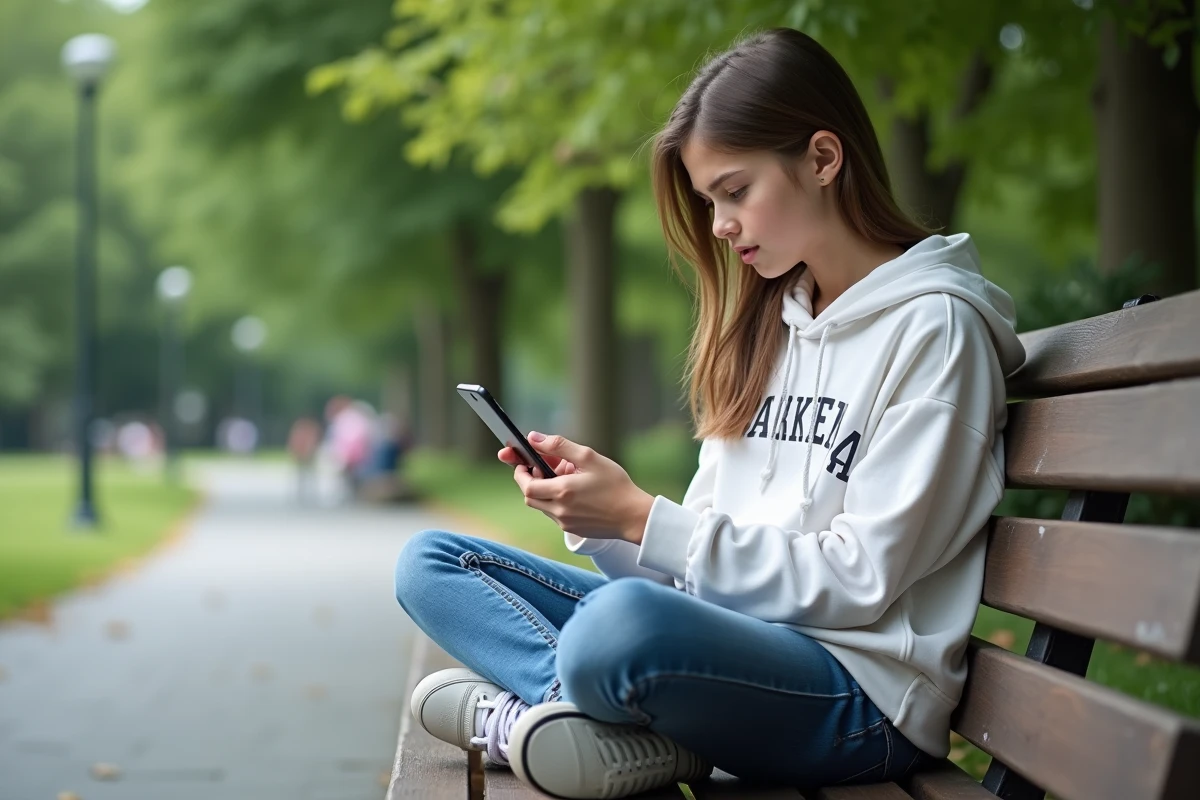 Adolescente naviguant sur des profils Instagram via un outil mobile depuis un banc de parc en extérieur