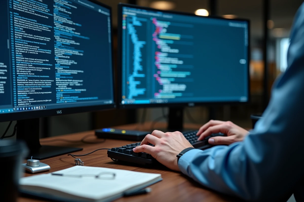 Gros plan sur les mains d'un programmeur optimisant une boucle For VBA dans Excel, double écran affichant code et données volumineuses, carnet de notes d'optimisation ouvert