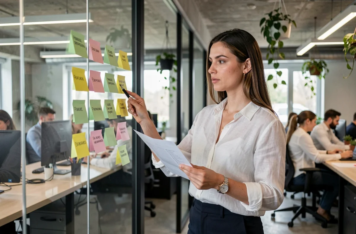Professionnelle organisant des fonctionnalités sur des post-it dans un espace de coworking pour comparer des offres gratuites et payantes