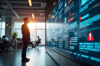 Personne d'affaires dans un bureau moderne regardant un interface digital de sécurité