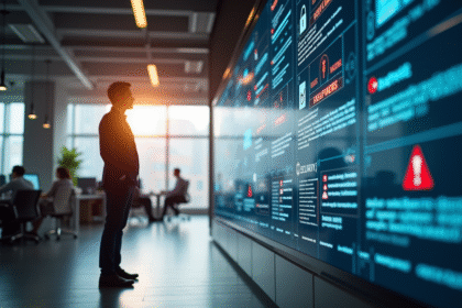 Personne d'affaires dans un bureau moderne regardant un interface digital de sécurité