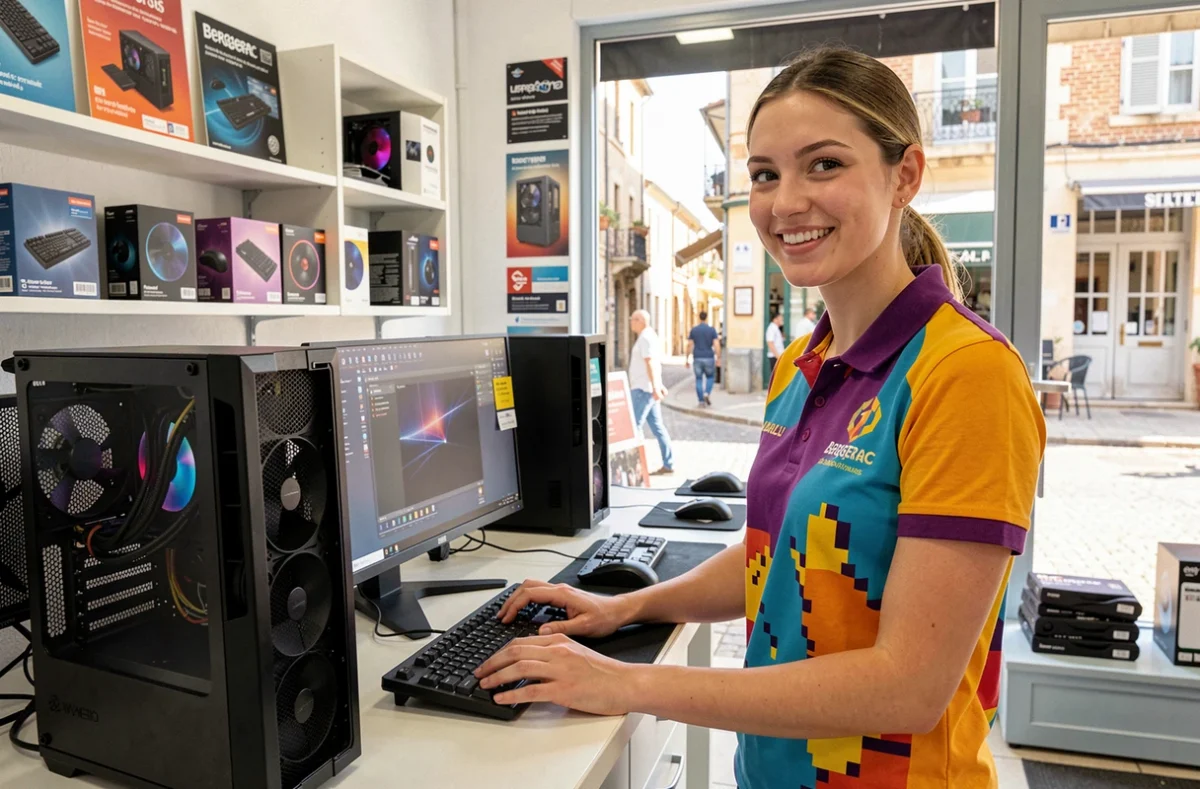 Technicienne Pixel Informatique Bergerac installant un poste informatique complet dans un magasin de vente