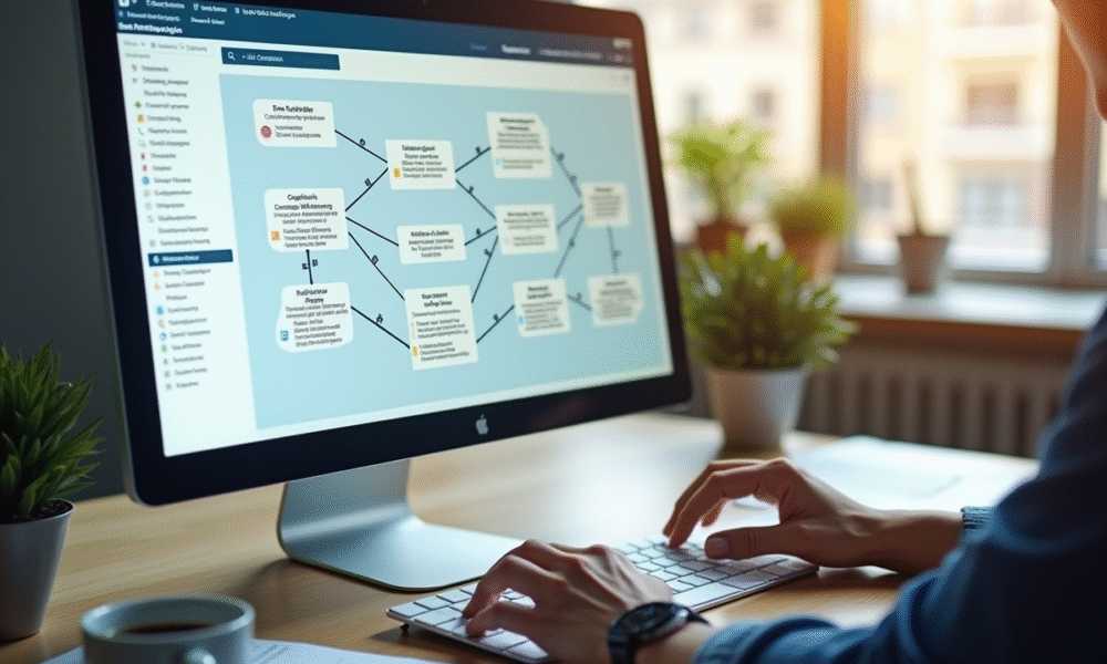 Écran d'ordinateur avec plan du site web en office lumineux