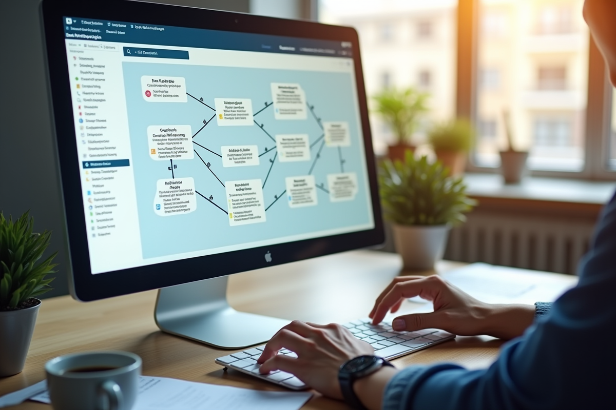 Écran d'ordinateur avec plan du site web en office lumineux