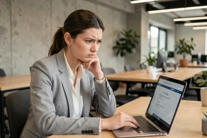 Femme frustrée devant un écran d'erreur dans un espace de coworking à Orléans illustrant les problèmes de convergence