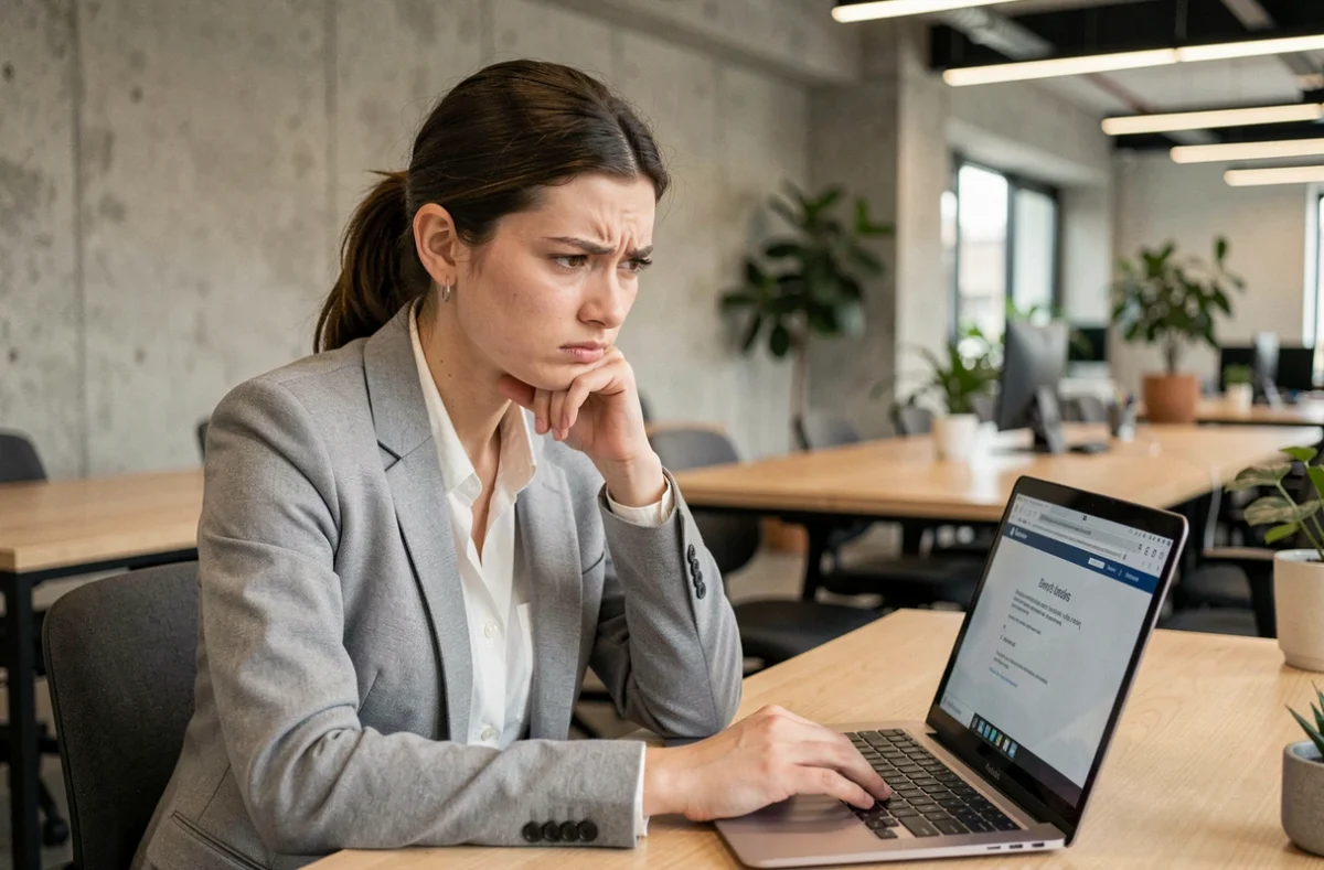 Femme frustrée devant un écran d'erreur dans un espace de coworking à Orléans illustrant les problèmes de convergence