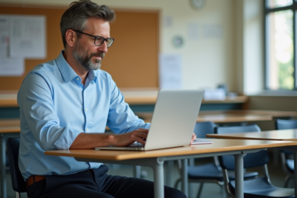 Professeur de lycée en classe utilisant un ordinateur portable