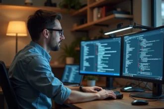 Homme professionnel informatique vérifiant les paramètres réseau