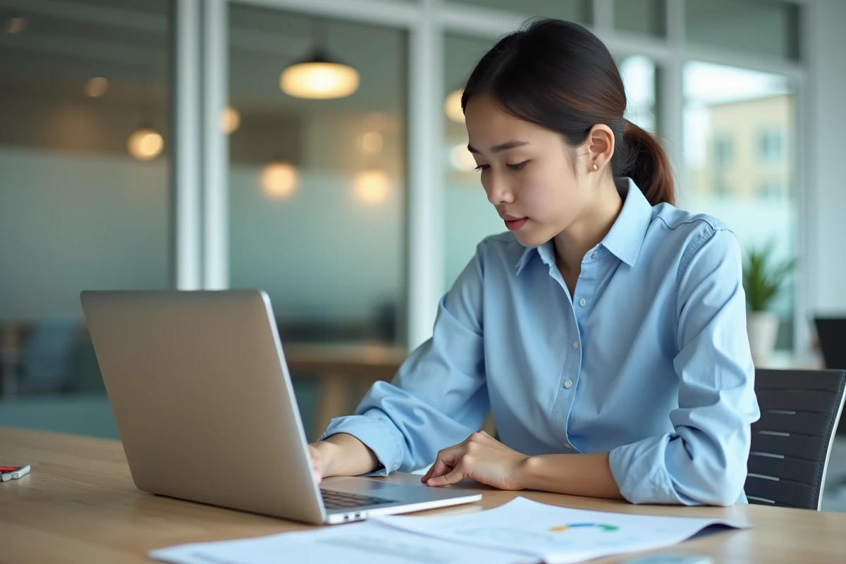 Jeune femme consultant des documents et une plateforme numérique pour comprendre le protocole de réception du courrier PIX