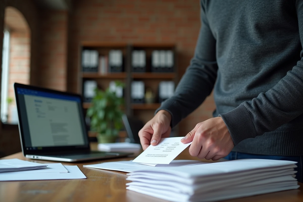 Homme collant des étiquettes d'adresse imprimées sur des enveloppes blanches dans un bureau professionnel avec Word ouvert