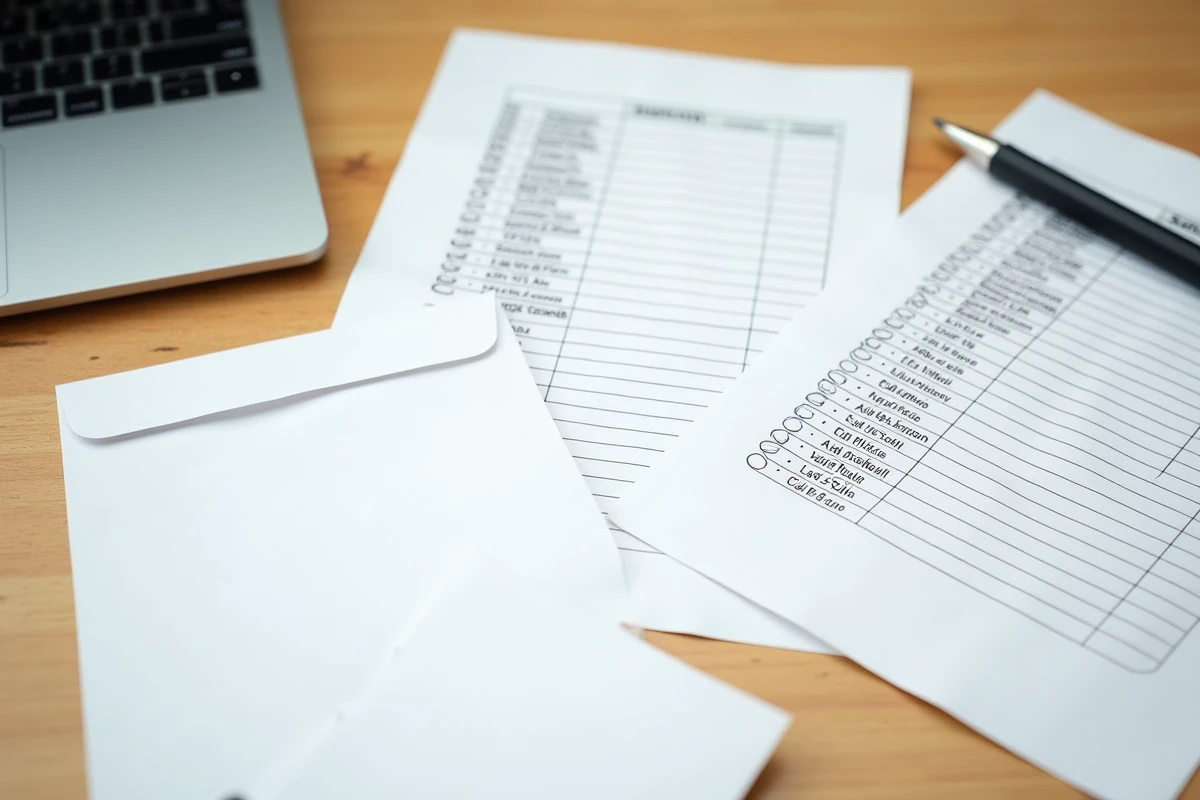 Vue de dessus d'un bureau avec des feuilles d'étiquettes imprimées, des enveloppes et un tableau Excel pour un publipostage