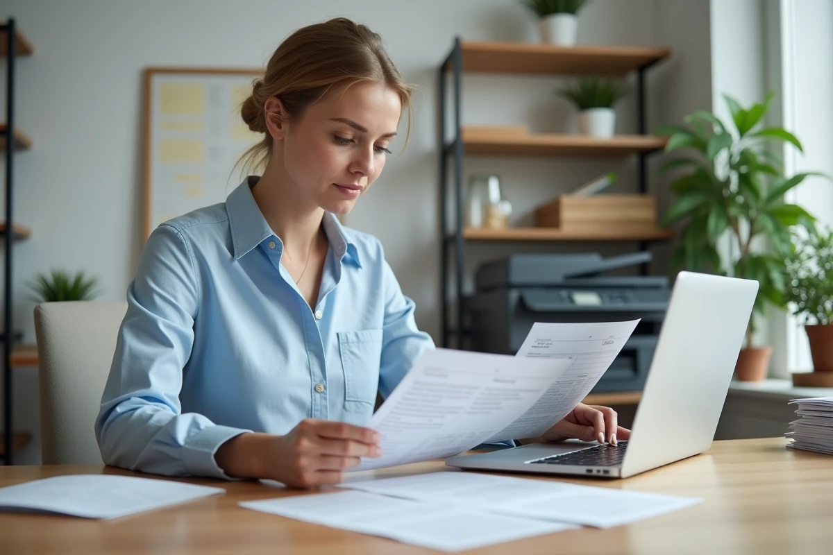 Femme travaillant sur un publipostage d'étiquettes avec Excel ouvert sur son ordinateur portable dans un bureau moderne