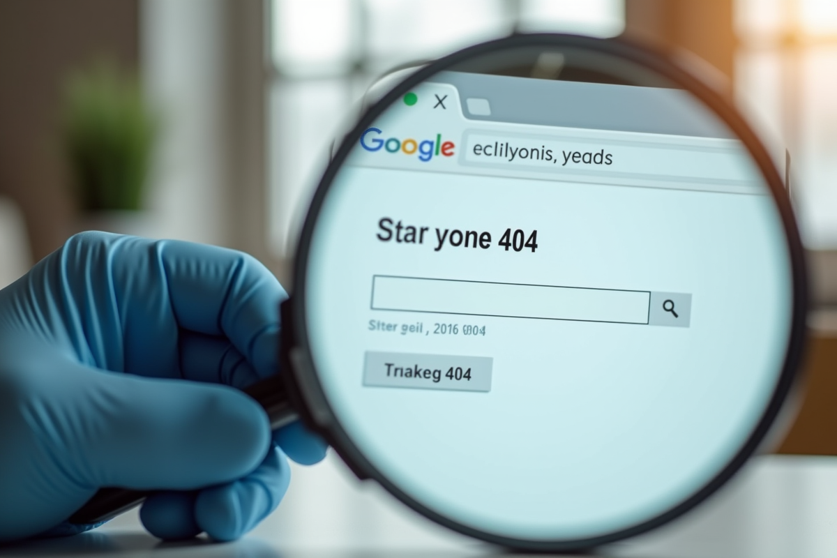 Personne tenant une loupe sur une page de résultats de recherche