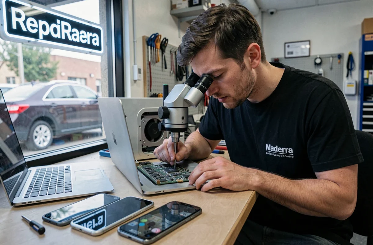 Technicien de Refonie Lille inspectant la carte mère d'un MacBook sous microscope stéréo dans l'atelier de réparation