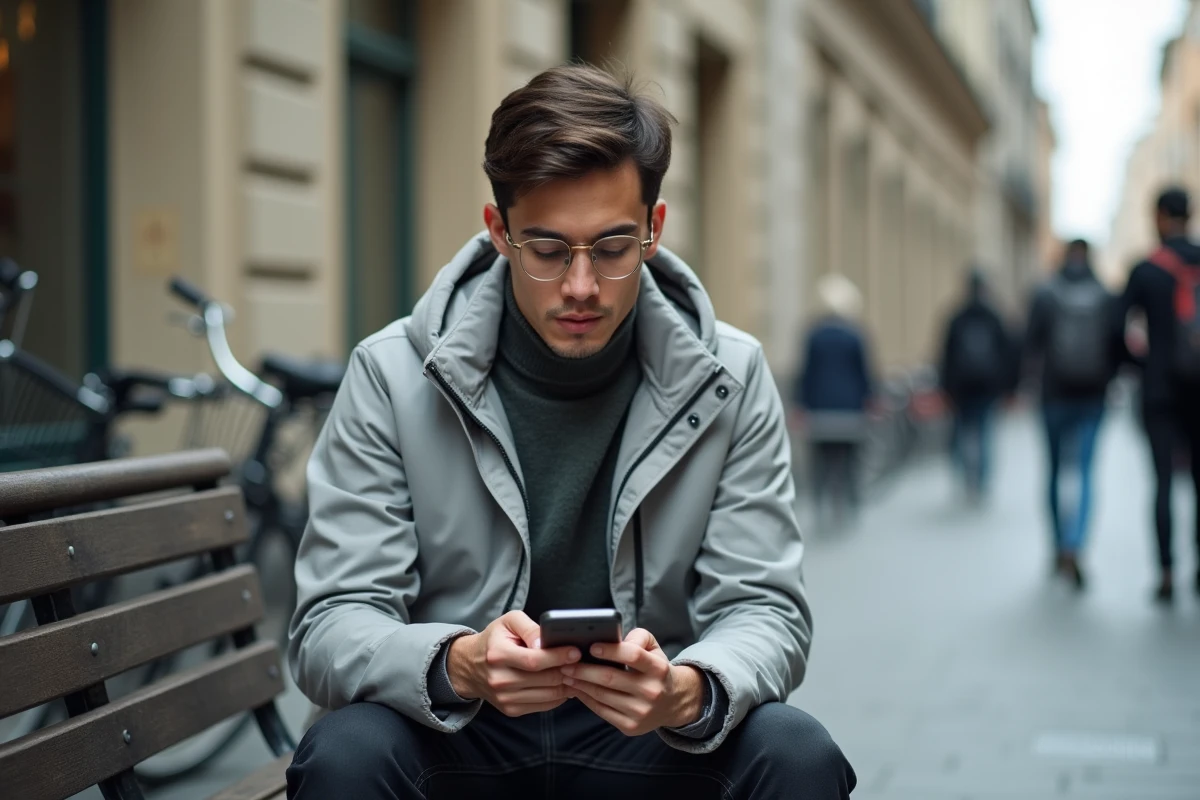Personne regardant des stories Instagram d'un compte privé en toute discrétion en extérieur dans un cadre urbain