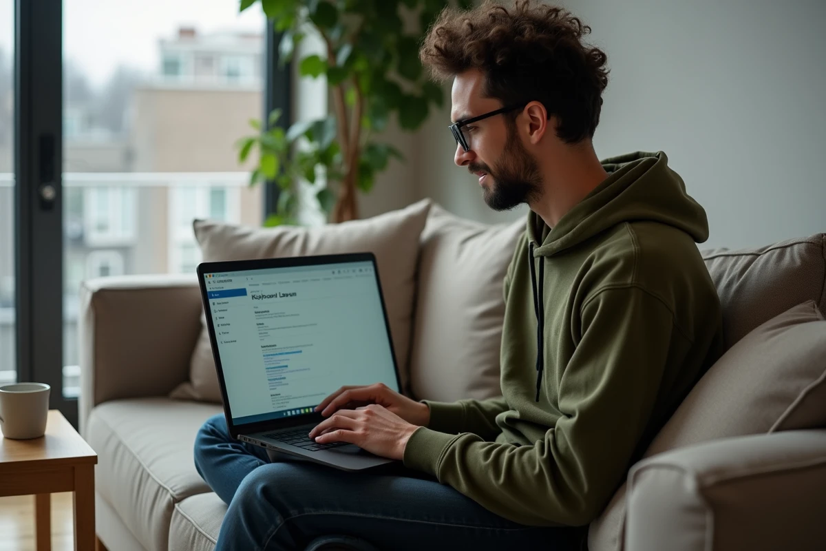 Jeune adulte modifiant les paramètres de disposition du clavier dans les réglages système sur un ordinateur portable posé sur ses genoux