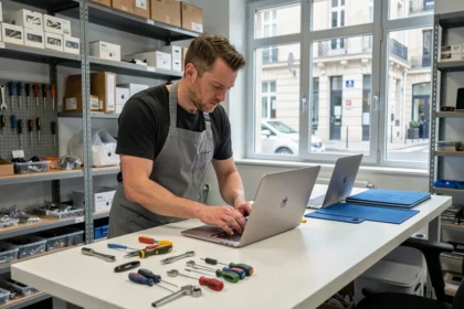 Atelier de réparation Mac dans le Nord avec un technicien inspectant un MacBook Pro sur un établi professionnel