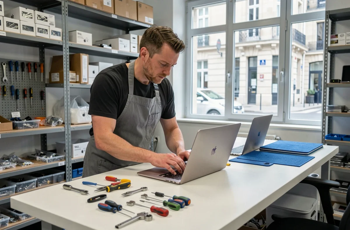 Atelier de réparation Mac dans le Nord avec un technicien inspectant un MacBook Pro sur un établi professionnel