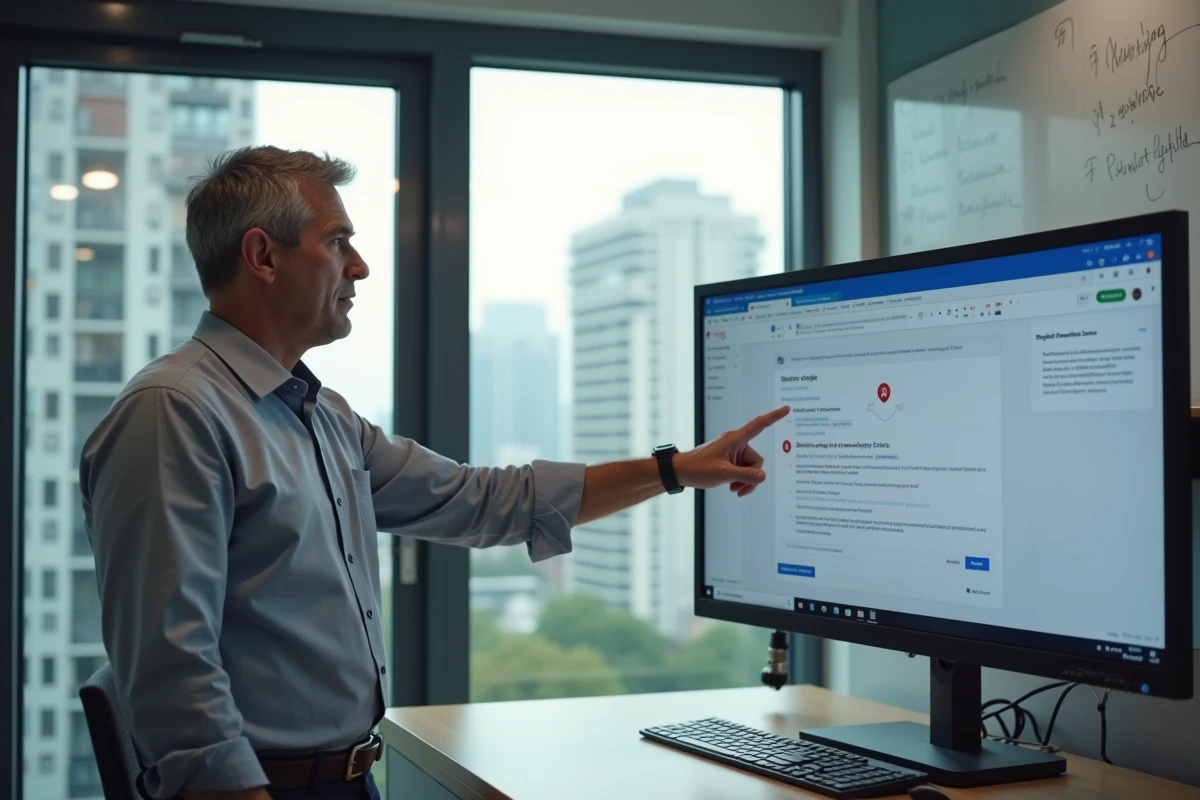 Responsable informatique debout devant un écran affichant un avertissement de phishing dans une interface webmail de type EDF