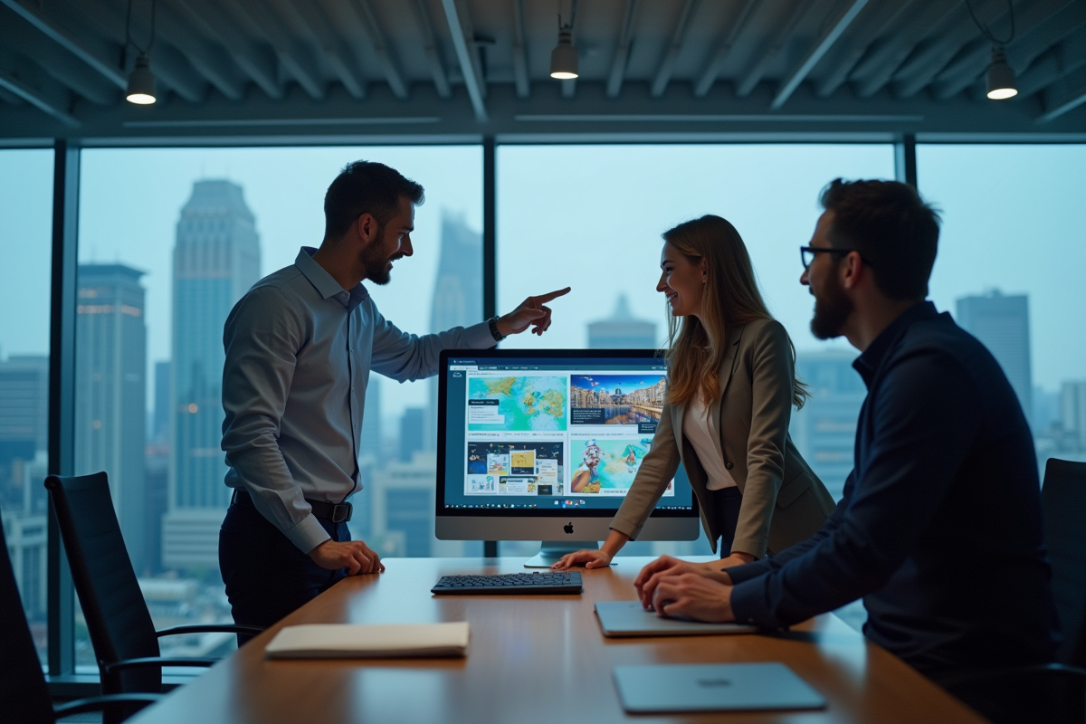 Groupe de professionnels discutant autour d un ecran