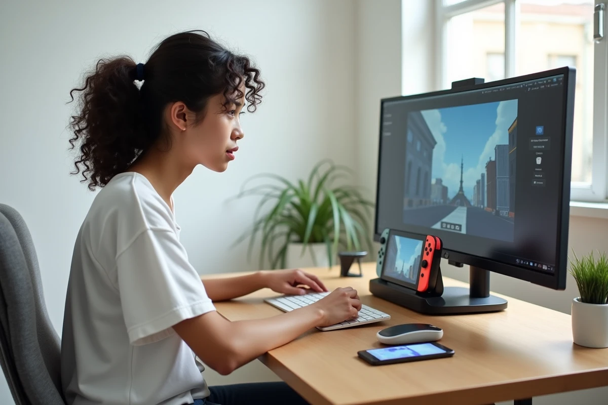 Jeune femme installant une application sur Nintendo Switch connectée à la télévision depuis son bureau