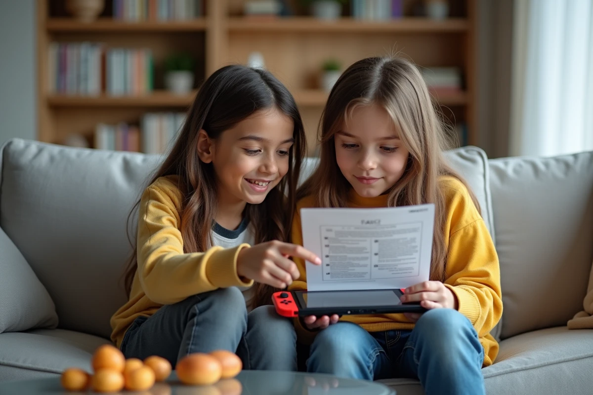 Deux adolescents suivant un guide étape par étape pour installer Roblox sur une Nintendo Switch dans un salon