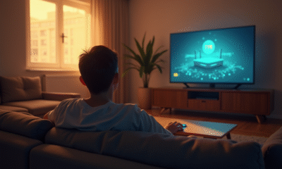 Salon moderne avec personne inquiète face à une TV et routeur Bbox défectueux