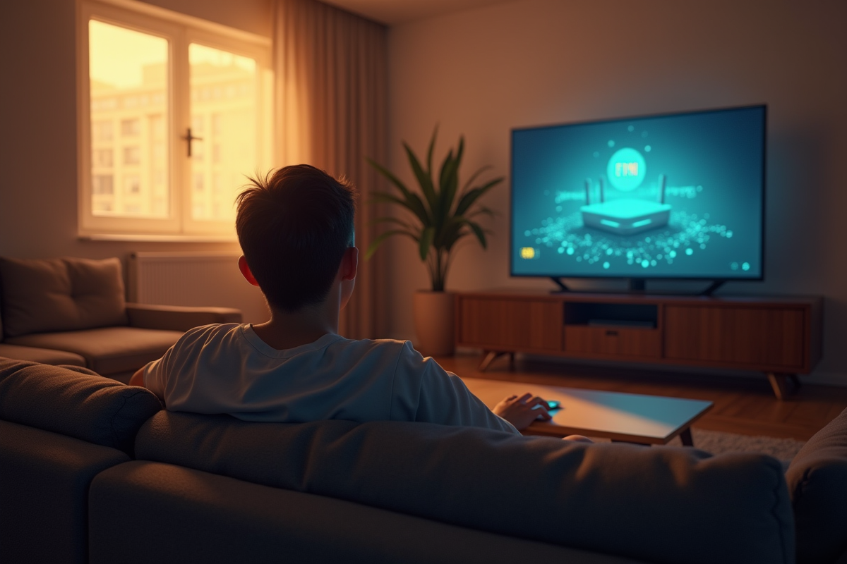 Salon moderne avec personne inquiète face à une TV et routeur Bbox défectueux