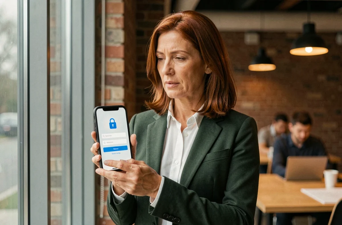 Femme sécurisant la connexion à son compte MyPeopleDoc sur smartphone dans un espace de coworking moderne