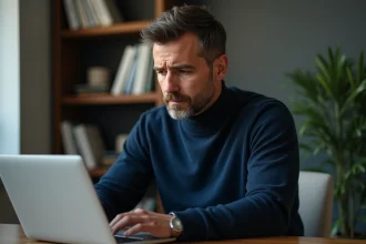 Homme consultant les conditions d'utilisation et la politique de confidentialité d'un site web sur son ordinateur portable