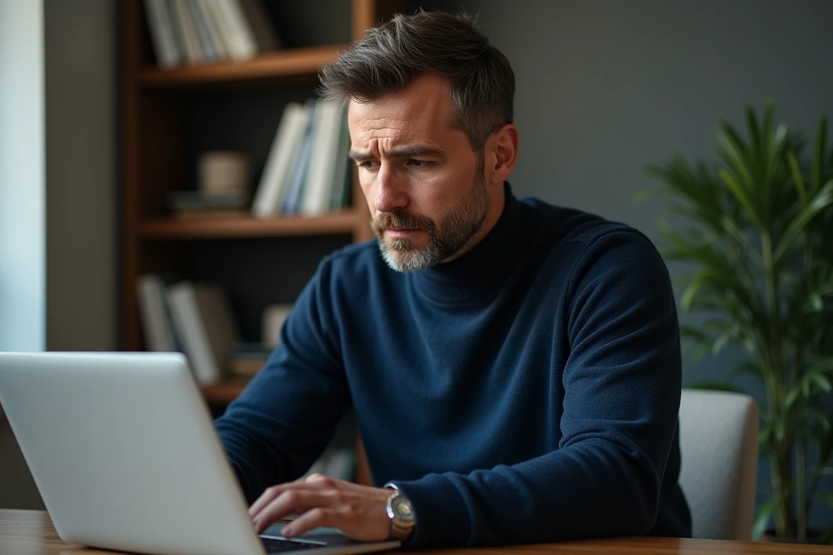 Homme consultant les conditions d'utilisation et la politique de confidentialité d'un site web sur son ordinateur portable