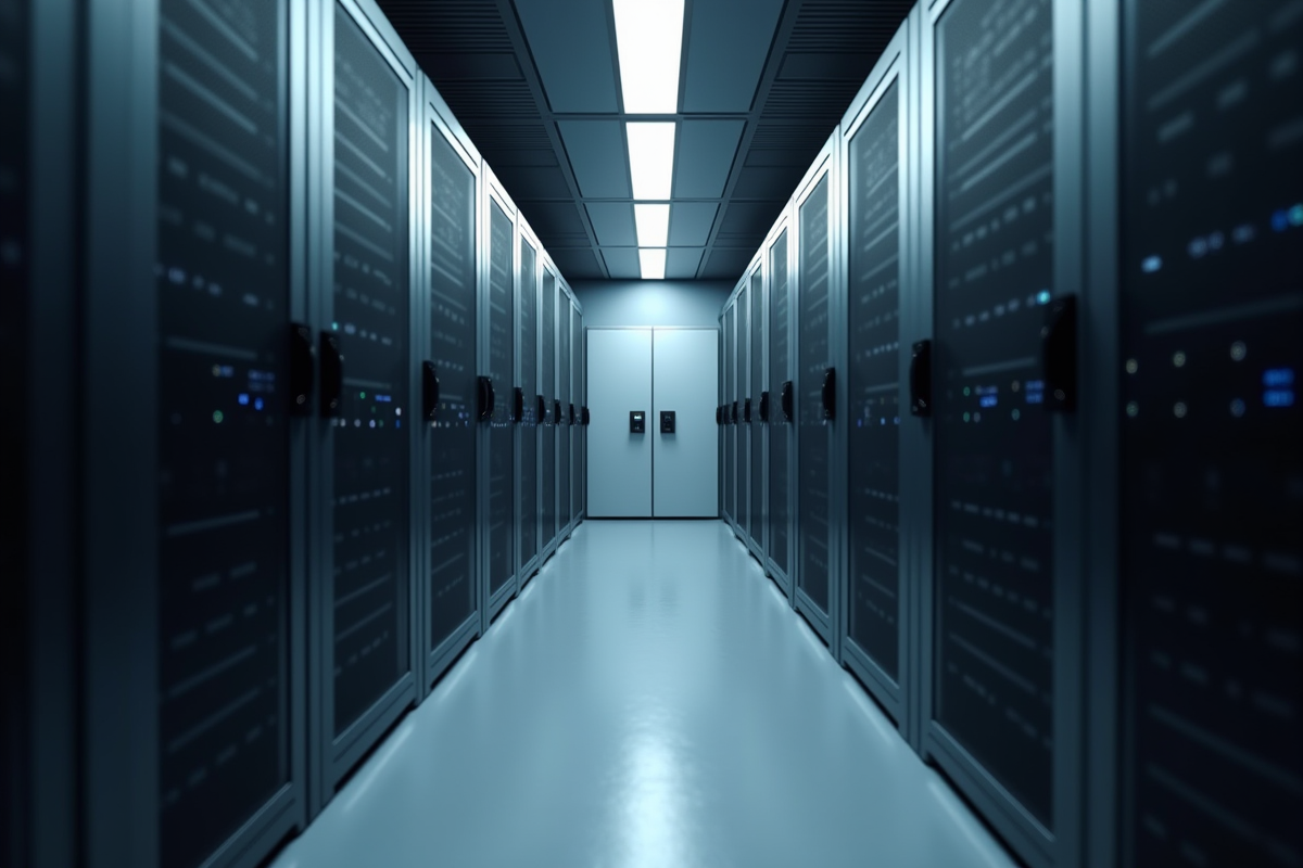 Serveur informatique avec porte entrouverte dans un centre de données