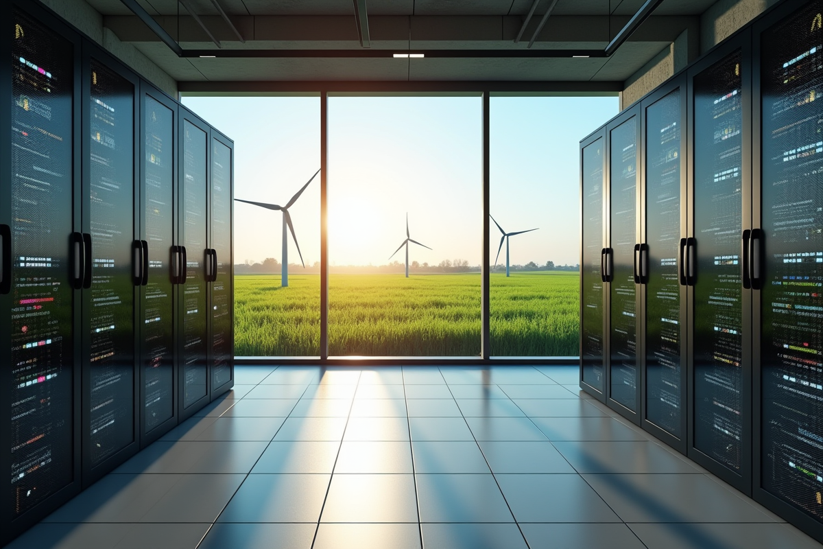 Salle serveurs moderne dans un paysage rural avec éoliennes