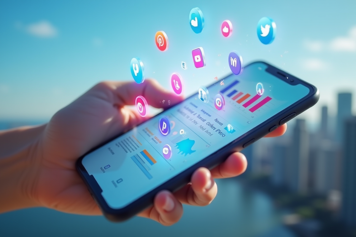 Main tenant un smartphone avec tableau de bord social
