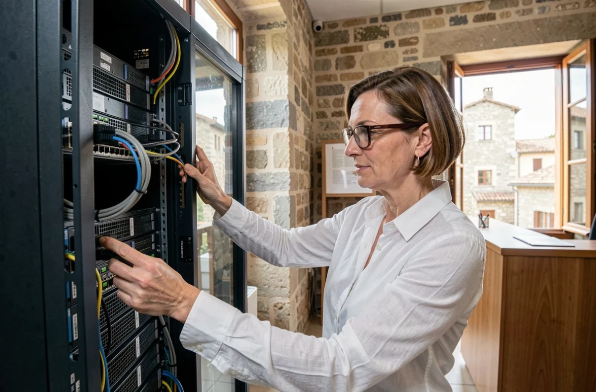 Technicienne SOS Informatique Dordogne intervenant sur un serveur dans un bureau à Sarlat
