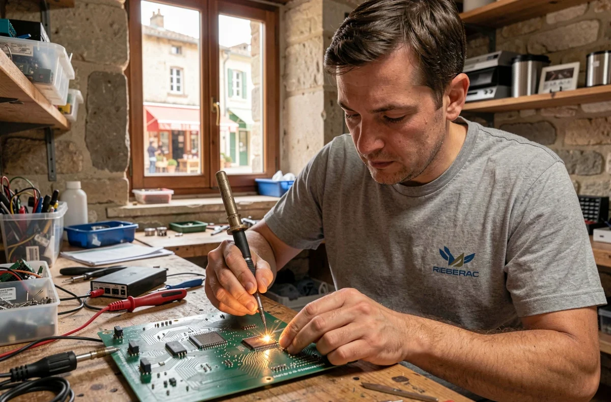 Technicien Techni Micro Ribérac soudant une carte électronique dans un atelier de réparation informatique