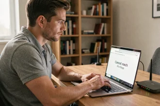 Technicien informatique face à une erreur de connexion routeur avec URL incorrecte dans le navigateur