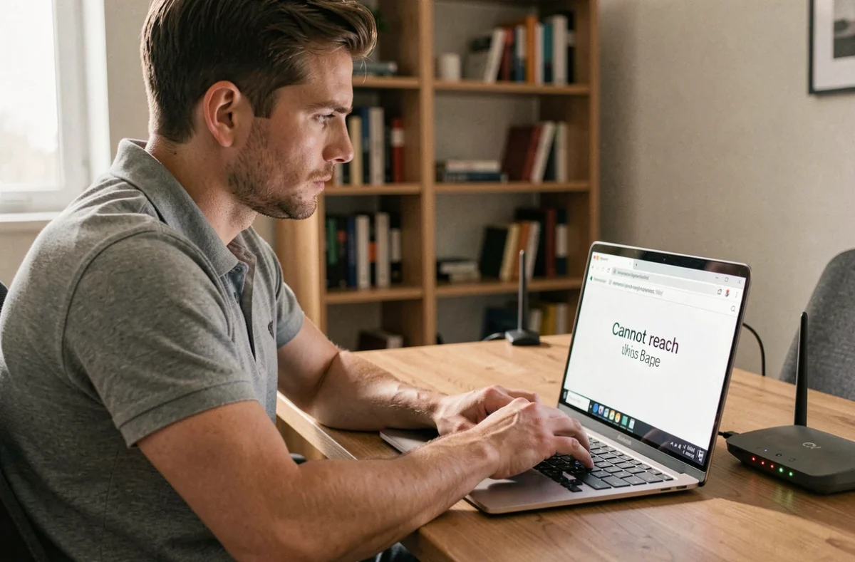 Technicien informatique face à une erreur de connexion routeur avec URL incorrecte dans le navigateur