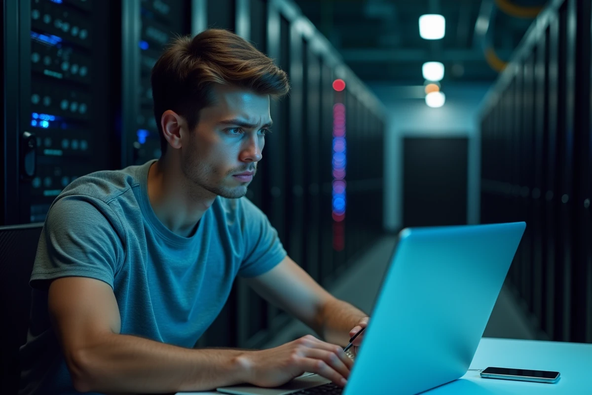 Technicien informatique analysant un problème d'encodage avec des arobase remplaçant les accents sur un écran